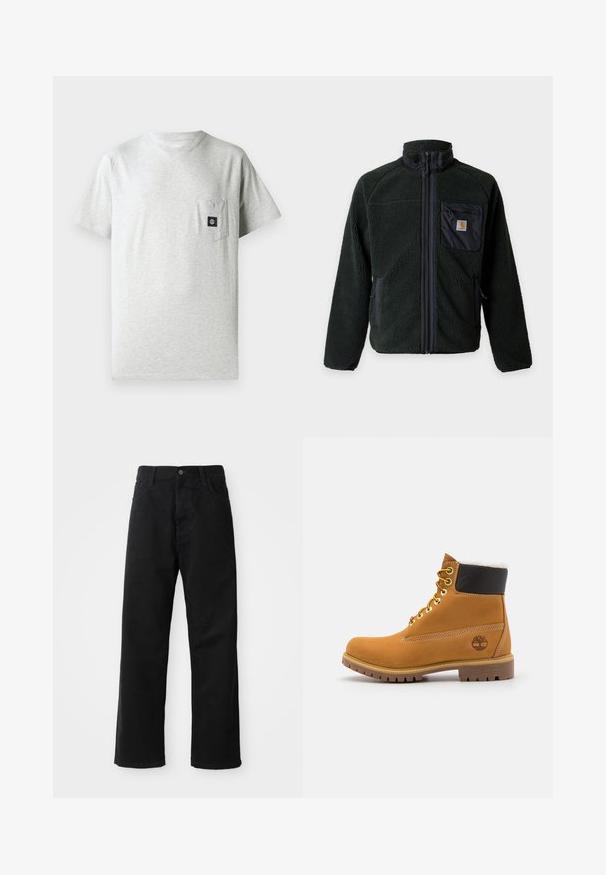 Donkergroene fleecejas met een volledige ritssluiting aan de voorkant, een opstaande kraag, een borstzak met ritssluiting en logo, en twee zijritszakken.; Heren grijs katoenen t-shirt met een ronde hals, korte mouwen en een borstzak aan de linkerkant met een klein zwart logo-label.; Zwarte denim broek met een rechte pasvorm, voorzien van voorzakken, een rits en een enkele bovenste knoop. Gestructureerde stof met een matte afwerking.; Bruine leren enkellaars met metalen oogjes, witte faux bont voering, zwarte gewatteerde kraag, robuuste zool en een reliëflogo aan de zijkant.