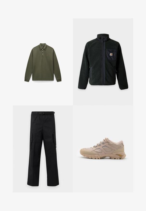 Veste polaire vert foncé avec fermeture éclair complète à l'avant, col montant, poche poitrine zippée avec logo, et deux poches latérales zippées.; Polo à manches longues de couleur vert olive en coton, doté d'une patte de boutonnage à trois boutons, de poignets côtelés et d'un petit logo brodé sur la poitrine.; Pantalons cargo noirs avec une coupe large, une taille ajustable avec une boucle et deux poches latérales pour le rangement. Tissu léger.; Baskets de sport beiges avec une tige en maille texturée, revêtement synthétique et semelle extérieure Vibram. Comprend un système de laçage et des détails sur les panneaux latéraux.