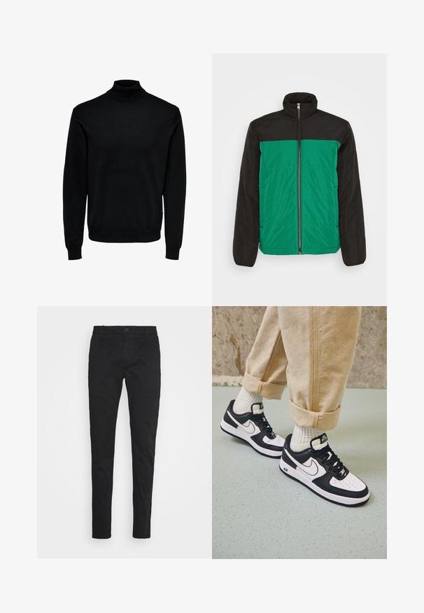 Only & Sons ONSMELVIN LIFE LIGHT JACKET - Let jakke / Sommerjakker - black/verdant green; Sort rullekrave-trøje, lavet af blødt stof, har lange ærmer, ribbede manchetter og kant, med en tætsiddende halsdesign og en glat tekstur.; Sorte slim-fit bukser lavet af en blanding af bomuldsstof, med en frontknaplukning, fem lommer og en glat, mat tekstur.; Sorte og hvide Nike Air Force 1 sneakers med læderoverdel, perforeret tå og tekstureret såldetalje, båret med rullede beige bukser og hvide sokker.