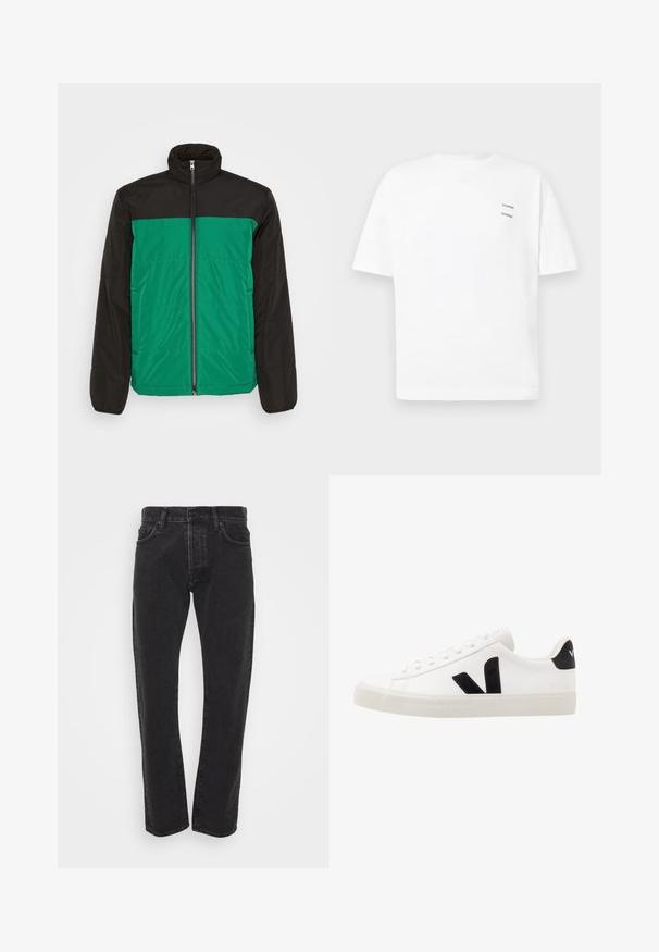 Only & Sons ONSMELVIN LIFE LIGHT JACKET - Let jakke / Sommerjakker - black/verdant green; Hvid bomulds t-shirt med en afslappet pasform, korte ærmer og V-udskæring. Har to små sorte trykte logoer på venstre side.; Herre sorte lige ben denim jeans med frontknap og lynlås, fem lommer og bæltestropper på en ensfarvet hvid baggrund.; Hvide lædersneakers med sorte ruskindsdetaljer; har en gummisål, rund tå og klassisk snørebåndsdesign. Side logo i sort.