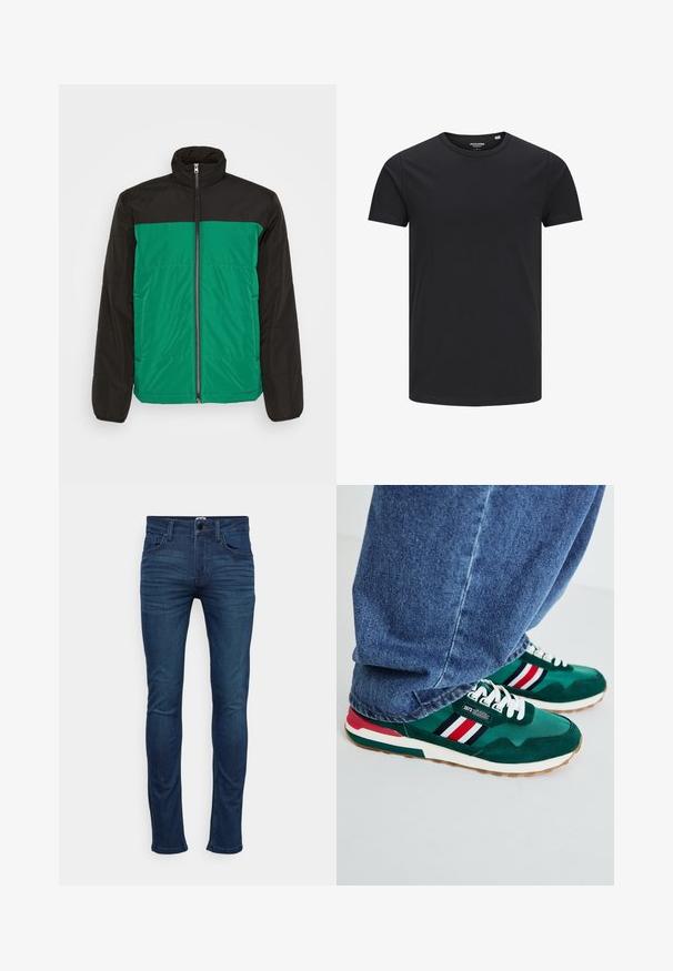 Only & Sons ONSMELVIN LIFE LIGHT JACKET - Suvejakk - black/verdant green; Must must tarea mustava ümberkaudne, lühikeste varrukatega ja lihtsa disainiga. Sile tekstuur, ilma mustriteta või nähtavate metallosadeta.; Tumedad sinised kitsad teksad, mis on valmistatud denimist, klassikalise viie taskuga disainiga, ees nuppe kinnitamiseks ja kerge tuhmumisega reite piirkonnas.; Roheline spordijalatsite paar valgete nööridega, mis on valmistatud sametist ja kangast ning millel on punased, valged ja mustad triibud, ning kummist tallad.