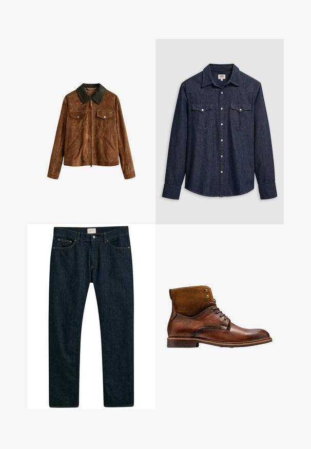 Bruine suède jas met ritssluiting, donkerbruine leren kraag, twee borstzakken met knopen en twee schuine zijzakken.; Donkerblauw denimhemd met een puntige kraag, drukknoopsluiting en borstzakken. Heeft stikseldetail en lange mouwen.; Donkerblauwe denim jeans met een recht model, vijf zakken en contrasterende stiksels op de naden. Gladde stofstructuur.; Kazar ALID - Veterboots - brown