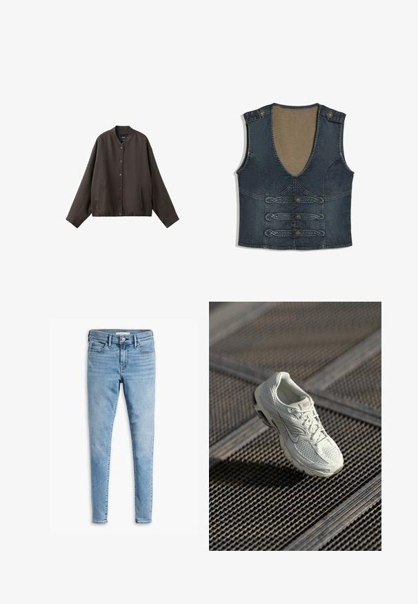 Mørkebrun knap-op jakke med lange ærmer, rund halsudskæring og to lommer foran, vist på en hvid baggrund.; Mørk denim ærmeløs vest med dyb V-hals, tre dekorative knapper foran og flettet kant samt knaplukning på skulderstropperne.; Lyseblå super skinny jeans med frontknap og lynlås, bæltestropper og fem lommers design.; Hvide Nike løbesko med overdel i mesh og syntetisk materiale, som hviler på metalristgulv i blødt naturligt lys.