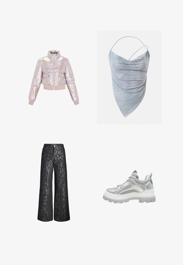 Gekürzte, irisierende Pufferjacke mit hohem Kragen, Frontreißverschluss und zwei Brusttaschen. Weiche, gepolsterte Textur mit gerippten Bündchen.; Hellblaues asymmetrisches Neckholder-Top mit dünnen Trägern, verziert mit kleinen goldenen und silbernen runden Nieten in einem verstreuten Muster.; Schwarze weit geschnittene Hose mit einem Tiermuster in verschiedenen Grautönen. Aus Denim gefertigt, mit fünf Taschen und einem vorderen Knopfverschluss.; Chunky Sneaker mit silberner Sohle, Mesh-Einsätzen, gepolstertem Kragen, Schnürverschluss und Zuglasche an der Ferse, seitliche Ansicht.