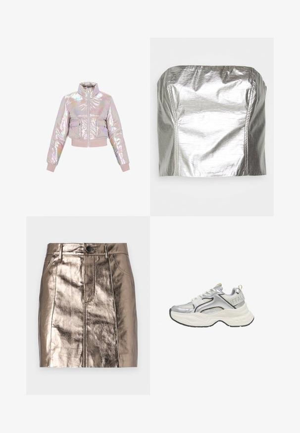 Gekürzte, irisierende Pufferjacke mit hohem Kragen, Frontreißverschluss und zwei Brusttaschen. Weiche, gepolsterte Textur mit gerippten Bündchen.; Gina Tricot TUBE - Top - silver-coloured; Metallisch bronze farbene Denim-Minirock mit gerade geschnittener Form, frontalen Taschen und einem Bund mit Knopfverschluss. Glatte und glänzende Textur.; Silberner und weißer klobiger Sneaker mit Mesh- und Lederdetails, dicker weißer Sohle und "BUFFALO"-Logo am Fersenriemen.