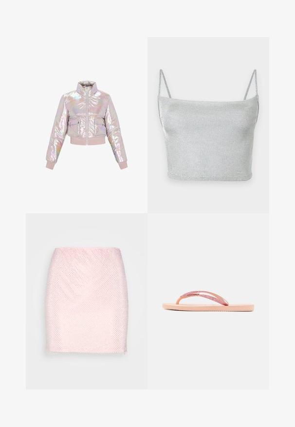 Afskåret, iriserende pufferjakke med høj krave, frontlynlås og to brystlommer. Blød, polstret tekstur med ribbede manchetter.; Sølvmetallic strikket cropped top med tynde justerbare stropper. Tætsiddende design og glat tekstur. Ingen mønstre eller synlige hardware-detaljer.; Gina Tricot RHINESTONE SKIRT - Mini skirts - pink; Lyserød flip-flop med en glitrende rem, tekstureret gummisål og enkelt fladt design. Der er detaljer som et skinnende forbindelsesstykke.