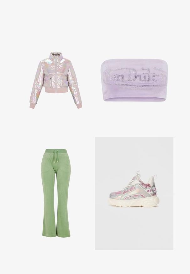 Veste rembourrée irisée, courte, avec un col haut, une fermeture éclair à l'avant et deux poches poitrine. Texture douce et rembourrée avec des poignets côtelés.; Bandeau en velours violet avec un logo "Von Dutch" en métal argenté, rehaussé de strass, texture lisse et design extensible.; Pantalons évasés en velours vert avec une taille élastique, dotés de cordons de serrage à l'avant et d'une broderie de logo discrète sur la cuisse.; Basket de sport chunky avec semelle blanche, panneaux holographiques, accents pailletés rose et argent, lacets blancs et texte "BUFFALO" sur la bride du talon.