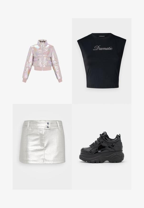 Afskåret, iriserende pufferjakke med høj krave, frontlynlås og to brystlommer. Blød, polstret tekstur med ribbede manchetter.; Even&Odd by Zalando T-shirts print - black; Sølvfarvet, kunstlæder nederdel med et tekstureret krokodillemønster, der har to blå knapdetaljer og en tætsiddende pasform.; Sorte platform sneakers med en blank patentfinish, featuring tykke gummisåler, snørebåndsdesign og logo detalje på siden.