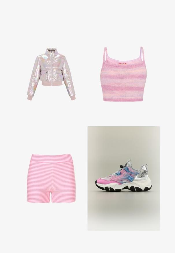 Veste rembourrée irisée, courte, avec un col haut, une fermeture éclair à l'avant et deux poches poitrine. Texture douce et rembourrée avec des poignets côtelés.; Crop top en tricot rayé rose et lavande avec des bretelles fines et une finition douce et texturée. Présente un ourlet inférieur côtelé.; Shorts rayés rose et blanc en tissu doux. Présente un design ajusté et une taille lisse sans détails ou matériel additionnels.; Baskets épaisses avec des panneaux dégradés rose et bleu, mesh blanc, accents noirs sur la semelle, et marquage "Buffalo" sur le côté et la bride du talon.