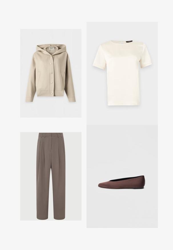 Beige hættetrøje med forreste trykknapper og to sidelommer, vist mod en hvid baggrund.; Kortærmet, cremefarvet top med rund halsudskæring, glat tekstur og lynlåslukning på ryggen med nøglehul. Klassisk og minimalistisk design.; Brune plisserede bukser med høj talje, slankt stof, vidde ben-design og sidelommer, der har en glat og let tekstur.; Brune balletflade sko i stof med spids tå og glat tekstur, med lav hælkappe og tynd sort sål. Ingen synlige mønstre eller beslag.