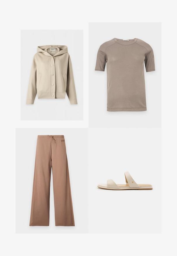 Veste beige à capuche avec boutons-pression à l'avant et deux poches latérales, présentée sur un fond blanc.; T-shirt beige à manches courtes avec col rond côtelé et coutures visibles aux manches et à l'encolure, présenté à plat sur un fond blanc.; Pantalon marron à jambes larges avec taille élastique, cordon de serrage et petite écusson logo sur le côté droit près de la taille.; Sandales plates beiges avec deux larges brides, dont une possède un accent doré. Matériau en cuir lisse et design minimaliste.