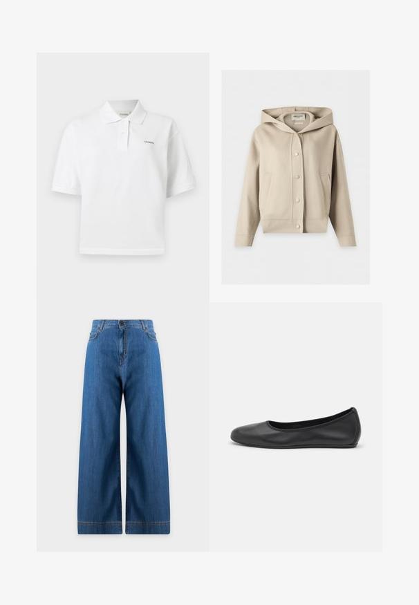 Veste beige à capuche avec boutons-pression à l'avant et deux poches latérales, présentée sur un fond blanc.; Polo blanc manches courtes avec col, deux boutons et petit texte "CLOSED" brodé sur la poitrine gauche et à l’intérieur du col.; Jean denim bleu à jambes larges avec fermeture devant par bouton et zip, passants de ceinture et poches avant, présenté sur fond uni clair.; Ballerines en cuir noir avec un bout rond, texture lisse, détails de couture minimalistes et design de semelle flexible.