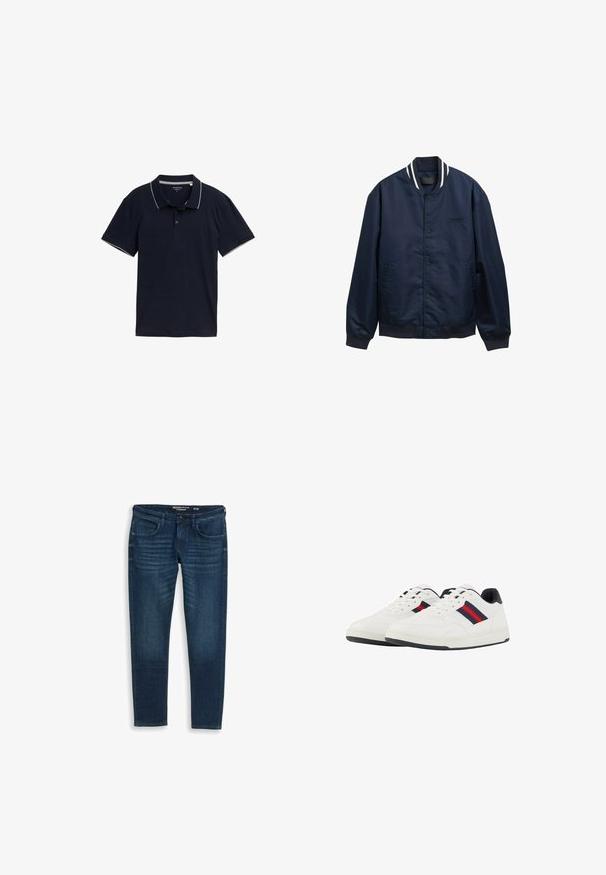 Chaqueta bomber azul marino hecha de un tejido suave, con cuello de canalé a rayas blancas, botones a presión y logotipo bordado en el pecho.; Polo de color azul marino hecho de algodón, con un cuello clásico, tapeta de tres botones y un contraste de ribete gris claro en el cuello y las mangas.; Jeans de mezclilla de corte ajustado en azul oscuro, con un diseño clásico de cinco bolsillos, sutiles marcas de desgaste en la parte delantera y una textura suave.; TOM TAILOR Zapatillas - white navy