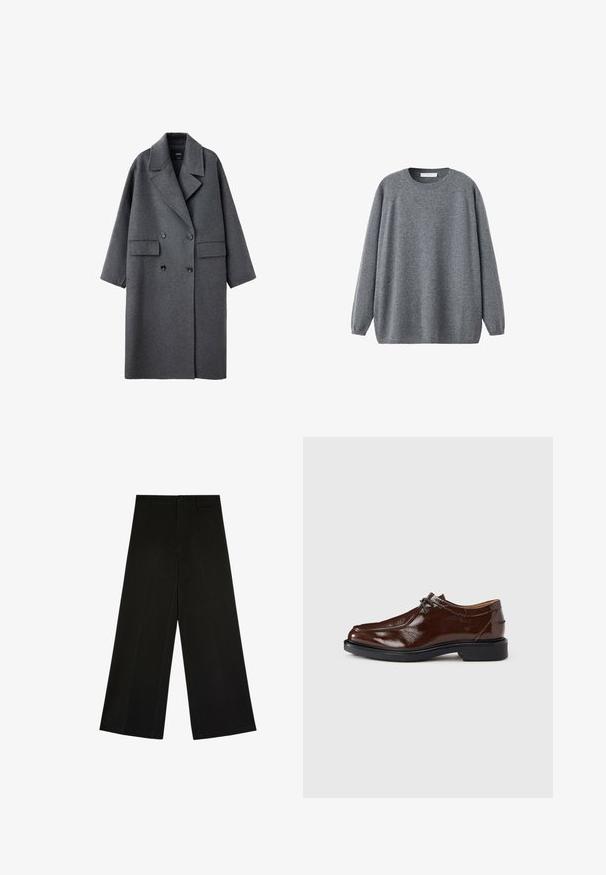 Long manteau en laine gris foncé avec larges revers, boutons noirs à double boutonnage et deux poches avant à rabat, présenté sur fond blanc.; Pull en tricot gris à manches longues avec col rond et poignets et ourlet côtelés, présenté sur fond blanc.; Pantalon noir à jambes larges avec fermeture par bouton et zip, passants de ceinture et plis d’avant, posé à plat sur fond blanc.; Chaussure habillée en cuir marron avec une finition brillante, bout rond, design à lacets, et semelle en caoutchouc noire. Présente des détails de coutures minimaux.