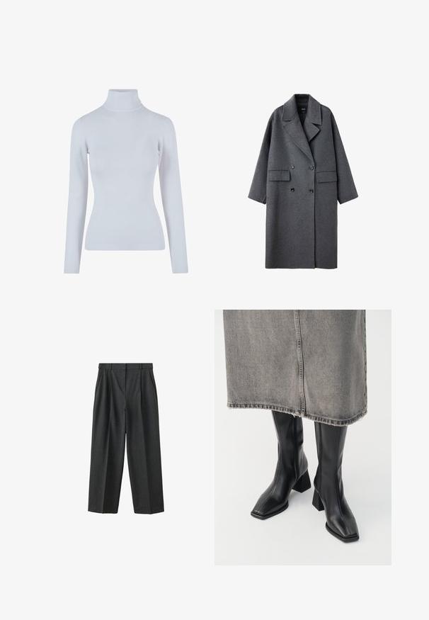 Long manteau en laine gris foncé avec larges revers, boutons noirs à double boutonnage et deux poches avant à rabat, présenté sur fond blanc.; Pull à col roulé gris clair en tissu doux et côtelé. Comprend des manches longues, une coupe ajustée et un col haut et près du cou.; Pantalon gris foncé à jambes larges avec fines rayures verticales discrètes, poches latérales, passants pour ceinture et plis sur le devant.; Bottes noires montantes en cuir lisse avec un bout carré et un talon bloc. Portées avec une jupe en denim grise à l'ourlet effiloché.