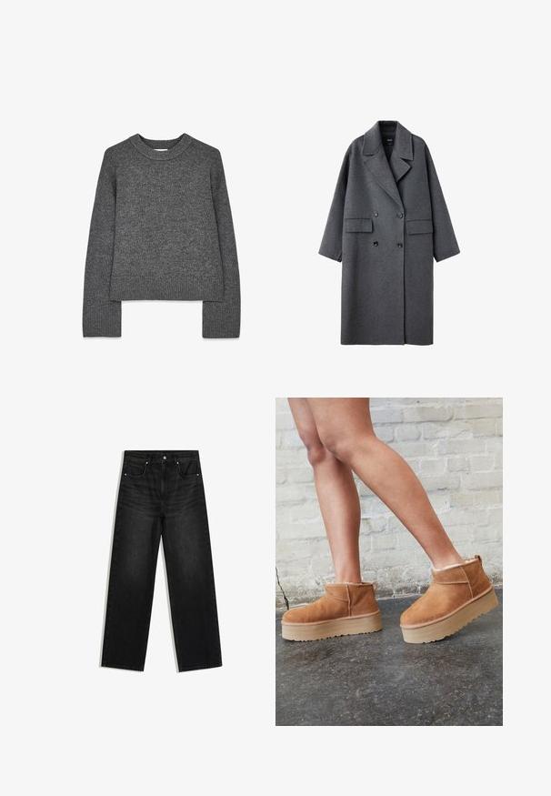 Long manteau en laine gris foncé avec larges revers, boutons noirs à double boutonnage et deux poches avant à rabat, présenté sur fond blanc.; Pull en tricot gris à manches longues, col rond, avec des poignets et un ourlet côtelés. Texture douce avec un design légèrement court.; Jean denim noir à jambes droites avec poches avant, passants de ceinture et fermeture par bouton, présenté sur fond blanc.; Bottines en suède marron avec une doublure en peluche, semelle épaisse en beige et une poignée à l'arrière. Surface texturée avec des détails de couture visibles.