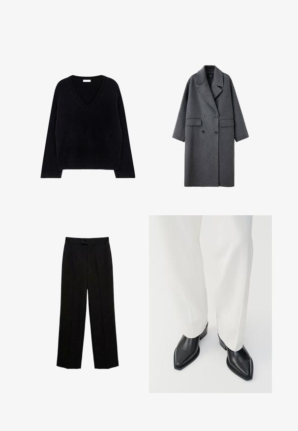 Long manteau en laine gris foncé avec larges revers, boutons noirs à double boutonnage et deux poches avant à rabat, présenté sur fond blanc.; Pull en tricot noir avec col en V, manches longues et ourlet côtelé. Texture douce avec une coupe décontractée et un design minimaliste.; Pantalon noir à jambes droites avec fermeture par bouton et zip, à taille haute avec plis devant.; Bottines noires à bout pointu en cuir lisse, avec des talons bas en bloc, associées à un pantalon large blanc. Design simple et moderne.