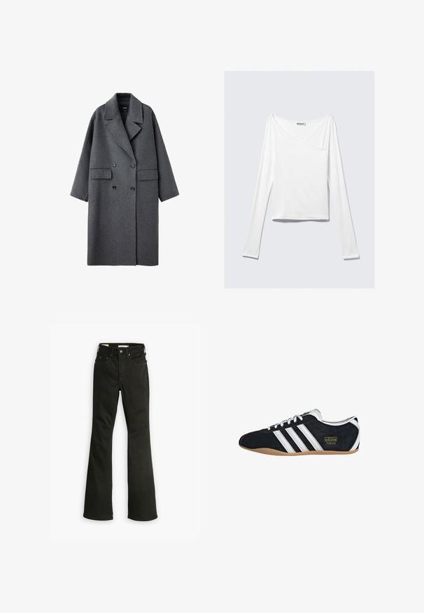 Long manteau en laine gris foncé avec larges revers, boutons noirs à double boutonnage et deux poches avant à rabat, présenté sur fond blanc.; Haut blanc à manches longues avec un design croisé et une poche. Fabriqué dans un tissu lisse et extensible. Coupé dans une coupe décontractée et ample.; Jeans évasés noirs en denim. Comprend un design classique à cinq poches avec une fermeture éclair, une couture robuste et un ourlet propre.; Sneakers en suede noir avec trois bandes blanches, logo doré et semelle en caoutchouc marron. Présente un design à lacets à profil bas.