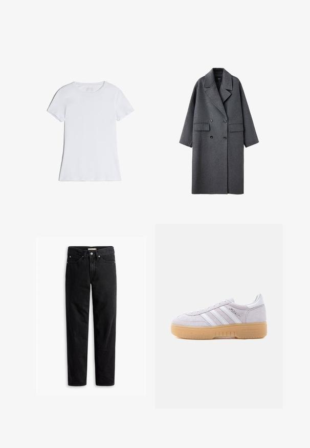 Abrigo largo de lana gris oscuro con solapas anchas, botones negros de doble fila y dos bolsillos delanteros con solapa, exhibido sobre fondo blanco.; Camiseta blanca lisa de manga corta con cuello redondo, extendida y sin patrones ni logotipos visibles.; Jeans negros de pierna recta con cierre de botones y cremallera, pasadores para cinturón y bolsillos delanteros y traseros, exhibidos de forma plana sobre un fondo blanco.; Zapatilla Adidas de ante blanco con suela de goma, tres rayas blancas y texto "Spezial" en el lateral, vista desde el lado interior.