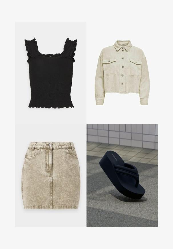 ONLY ONLMARINA-ENY LIFE L/S CORD JACKET PNT - Let jakke / Sommerjakker - pumice stone; Sort smocket tanktop med rynkede stropper og bølget kant. Blødt, tekstureret stof med en tætsiddende silhuet, der fremhæver formen.; Khaki denimnederdel med en tekstureret overflade, fem lommer, knaplukning foran og sydekoration langs kanterne.; Sort flip-flop sandal med plateau og polstrede remme, placeret i en vinkel på tekstureret underlag med flisebeklædt væg i baggrunden.