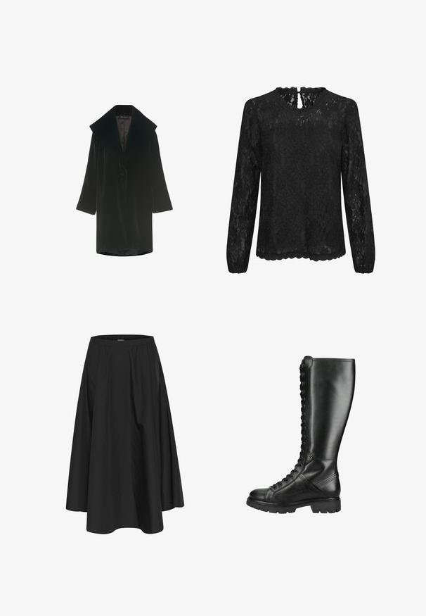 Luisa Spagnoli SADALI - Abrigo corto - nero; Blusa de encaje negro de manga larga con escote redondo, dobladillo festoneado y detalle de ojal en la parte trasera. Patrón floral delicado en toda la prenda.; Falda negra hasta la rodilla con cintura elástica, con pliegues para dar volumen y una textura suave. Diseño simple y clásico sin adornos.; Bota alta de cuero negro con cordones, suela gruesa y puntera redonda, diseñada tanto para estilo como para durabilidad.