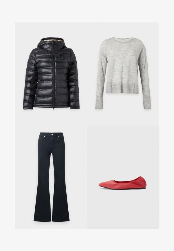 Veste matelassée noire avec capuche, fermeture éclair intégrale à l'avant et petite pièce rectangulaire sur la partie supérieure de la poitrine.; Pull gris clair à manches longues avec un col rond et une coupe légèrement ample, présenté sur un fond clair uni.; Jean en denim noir évasé avec une taille haute, cinq poches et une fermeture à bouton métallique. Texture lisse et détails de couture contrastés.; Filippa K REY FLATS - Ballerines - bright red
