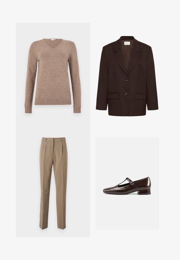 Mørkebrunt skræddersyet blazer med hakkede revers, to forreste knapper, klaplommer og en brystlomme med paspol.; V-hals sweater i lys brun, lavet af blødt stof. Har lange ærmer samt ribbet nederste kant og manchetter for ekstra tekstur. Simpelt design.; Brune skræddersyede bukser lavet af glat stof, med en lige ben-design, frontfolder og en talje med bælteløkker.; Brune Mary Jane-sko i laklæder med en rundet tå, udskæringsdesign og justerbar rem. Lav blokhæl.