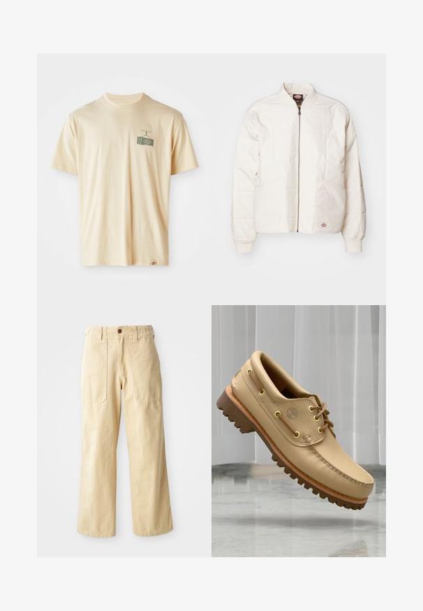 Chaqueta bomber acolchada en blanco roto con cremallera completa, cuello alzado, dos bolsillos frontales y puños de canalé. Presenta un diseño de paneles cosidos.; Camiseta de algodón color crema con cuello redondo, mangas cortas y un estampado gráfico en el lado izquierdo del pecho que representa una televisión vintage.; Pantalones de pierna ancha beige de algodón. Cuentan con una cintura alta, dos bolsillos frontales de diseño plano y un cierre de un botón.; Zapato náutico de cuero marrón claro con suela gruesa y estriada y detalles de cordones, flotando sobre un suelo de mármol y un fondo de persianas verticales blancas.