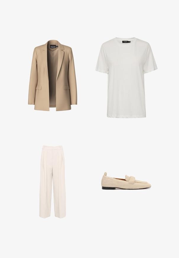 Blazer beige con solapas de pico y dos bolsillos frontales; confeccionado en tejido suave, tiene un cierre abierto y un corte entallado.; Camiseta blanca de manga corta hecha de una tela suave. Presenta un cuello redondo y un corte relajado. Diseño minimalista sin patrones ni acentos visibles.; Pantalones de pierna ancha en un color beige claro. Confeccionados en una tela suave y texturizada, con doble pinza y un diseño de cintura alta.; Mocasín plano beige con superficie texturizada similar a piel de animal, suela negra y una amplia correa sobre la parte superior del zapato.