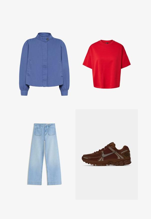 Blå bomuldsjakke med ståkrave, knaplukning og puffede ærmer. Har to sidelommer og en cropped, løs pasform.; Rød oversized T-shirt med korte ærmer, rund hals, sænkede skuldre og en firkantet pasform på en ens hvid baggrund.; Lyseblå bukser med vide ben lavet af denim. Har høj talje, for-lynlås og knaplukning samt to baglommer med buet syning.; Brun Nike løbesko med mesh-paneler, gummisål og reflekterende swoosh-logo på siden, vist i højre profil.
