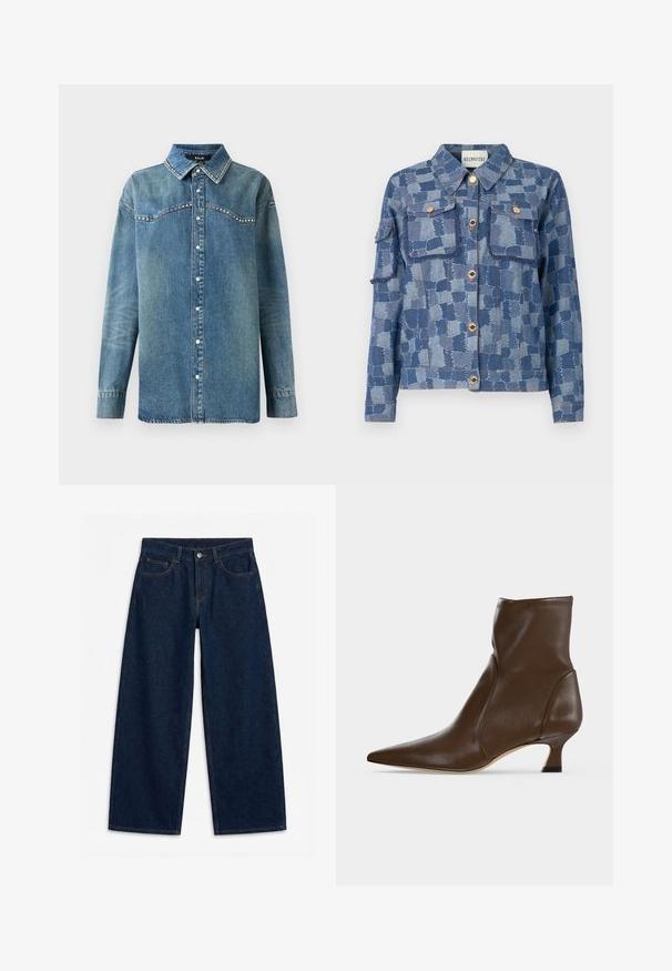 Jeansjacke mit einem blauen Patchwork-Muster, silbernen Knöpfen und zwei vorderen Taschen. Das Material hat eine strukturierte Oberfläche und ausgefranste Kanten.; Blaue Jeanshemd mit langen Ärmeln, Druckknöpfen, spitzem Kragen und Strassdetails entlang der Schulterpartie und den Kragenkanten.; Dunkelblaue Jeans mit weitem Bein, vorne mit Knöpfen und Reißverschluss, Gürtelschlaufen und Fünf-Taschen-Design, flach auf weißem Hintergrund liegend.; Brauner Lederknöchelstiefel mit spitzer Spitze und niedrigem, geschwungenem Absatz auf hellem Hintergrund.