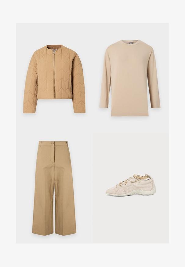 Veste matelassée beige avec un col montant, une fermeture éclair devant et des manches longues. Présente un motif géométrique en losanges sur l'ensemble.; T-shirt beige à manches longues avec col rond et ourlet droit, présenté sur un fond blanc uni.; Pantalon beige taille haute à jambes larges, avec passants pour ceinture, fermeture avant par boutons et une fermeture éclair cachée.; Baskets décontractées beige clair avec surface texturée, design à lacets et semelle en caoutchouc blanche vues de côté sur un fond uni.