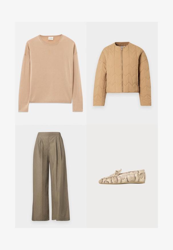 Chaqueta acolchada beige con cuello alto, cremallera frontal completa y mangas largas. Presenta un patrón geométrico de diamantes en toda su superficie.; Jersey de manga larga color beige con cuello redondo, ajuste relajado y detalles de canalé en los puños y el dobladillo. Textura suave y lisa con un diseño minimalista.; Pantalones de pierna ancha y cintura alta en color caqui con pliegues en la parte delantera, hechos de una tela texturizada, mostrados sobre un fondo blanco.; Mocasín plano beige y marrón con estampado de piel de serpiente y una pequeña correa decorativa en la parte superior, mostrado de lado.