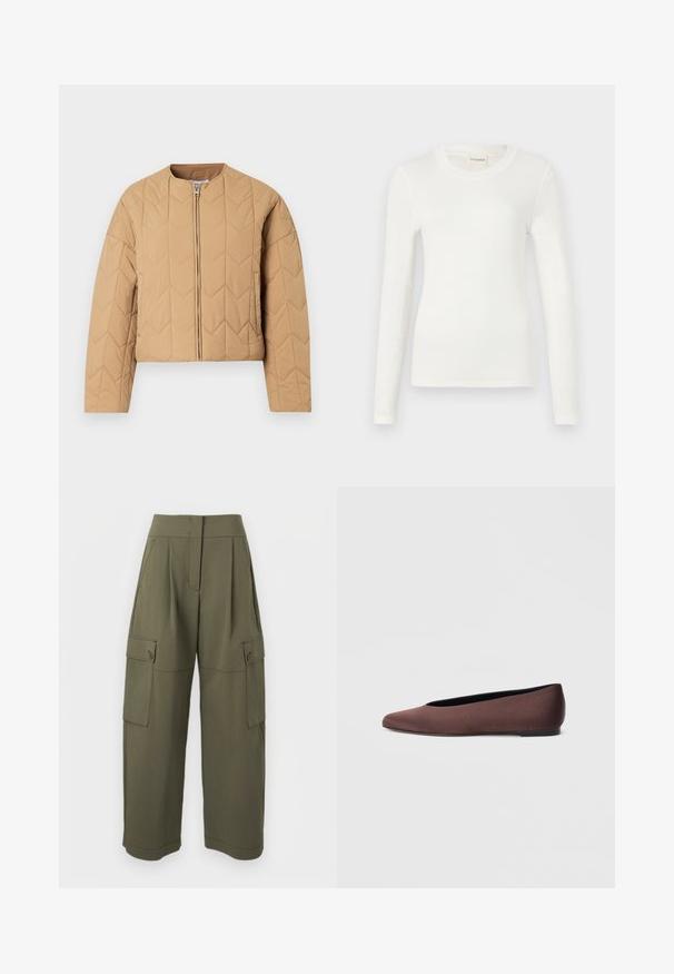 Veste matelassée beige avec un col montant, une fermeture éclair devant et des manches longues. Présente un motif géométrique en losanges sur l'ensemble.; T-shirt blanc à manches longues en tissu doux, avec un col rond et une silhouette ajustée. Design minimaliste sans motifs ni accents.; Pantalon cargo vert olive à coupe décontractée, doté de deux poches latérales et d'une fermeture à boutons, confectionné dans un tissu léger et texturé.; Ballerines en tissu marron avec un bout pointu et une texture lisse, dotées d'un talon bas et d'une fine semelle noire. Aucune motif ni élément métallique visible.