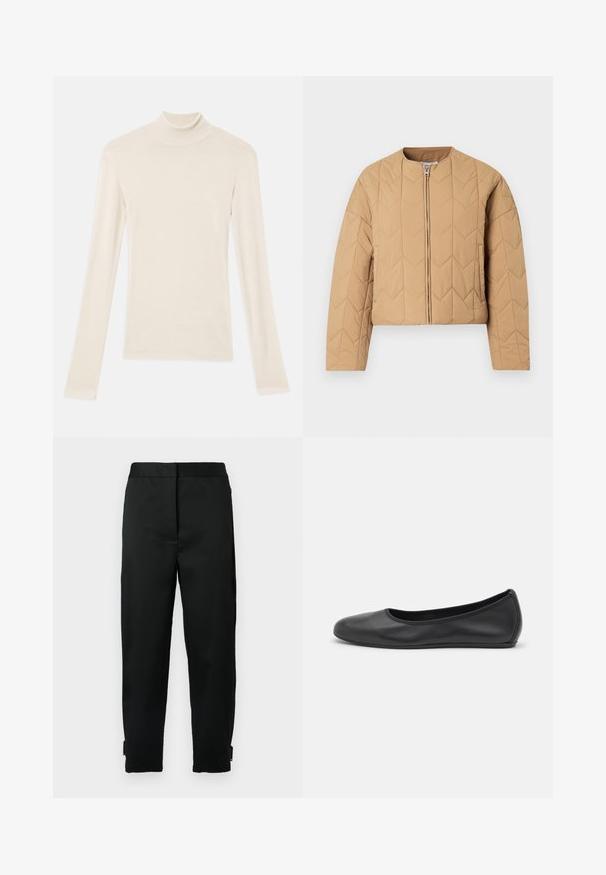 Veste matelassée beige avec un col montant, une fermeture éclair devant et des manches longues. Présente un motif géométrique en losanges sur l'ensemble.; Haut à col roulé crème à manches longues en tissu doux et léger. Doté d'un design ajusté avec des coutures lisses et un col étroit.; Pantalon noir fuselé en tissu lisse, doté d'une ceinture, de poches latérales et d'une fermeture éclair à l'ourlet pour un ajustement réglable.; Ballerines en cuir noir avec un bout rond, texture lisse, détails de couture minimalistes et design de semelle flexible.