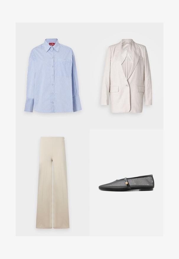 Lys beige linned blazer med skarp lapel, en enkelt knaplukning og to frontlommer; fuldt foret med en glat tekstur.; Blå og hvid stribet skjorte med krave, lange ærmer, frontknapper og en venstre brystlomme med matchende striber.; Beige vidde bukser lavet af blødt stof med en glat tekstur. Har en høj elastisk talje for komfort og et rent, minimalistisk design.; Sort flad sko med lav hæl, mesh-overdel og tynd rem med guldknapdetalje over fodens vrist.