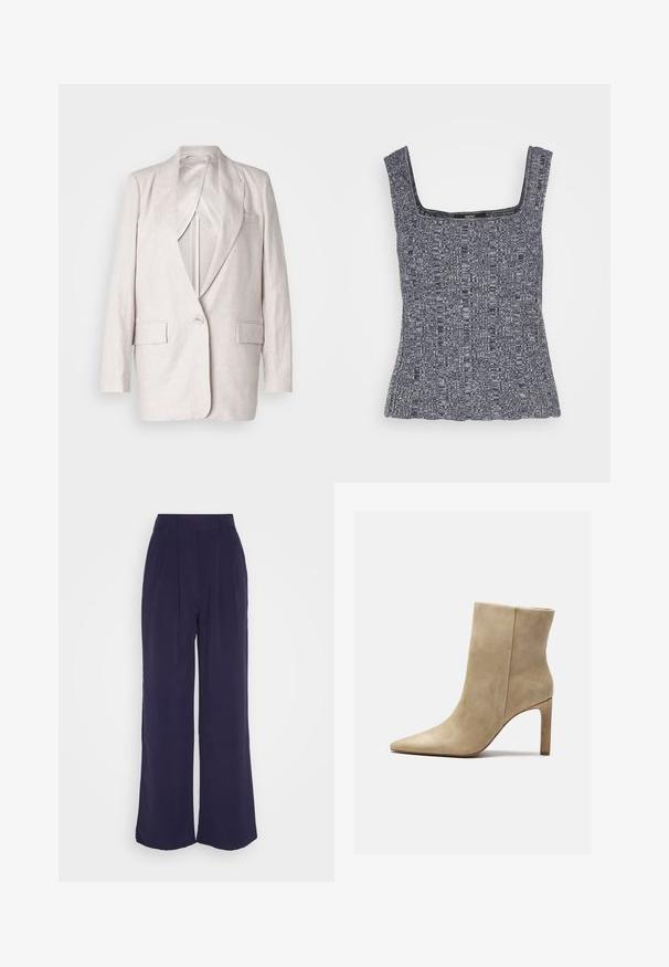 Lichtbeige linnen blazer met notch-lapels, een enkele knoopsluiting en twee voorkezen; volledig gevoerd met een soepele textuur.; Esprit Collection Top - navy; Anna Field Broek - dark blue; Zign Enkellaarsjes met hoge hak - beige