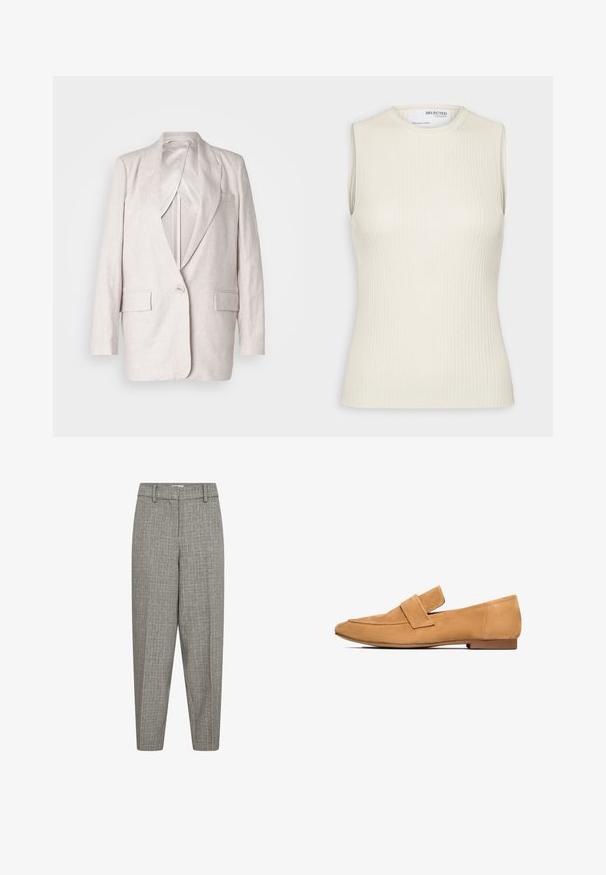 Lys beige linned blazer med skarp lapel, en enkelt knaplukning og to frontlommer; fuldt foret med en glat tekstur.; Selected Knitted Sleeveless - Top - birch; Grå mønstrede bukser med en tapered ben, flad front, bæltestropper og en glat tekstur. Ingen synlige lommer eller hardwaredetaljer.; Lette mokkasiner i tan farve med flad hæl, rund tå og en syet strop over vristen for et raffineret udtryk.