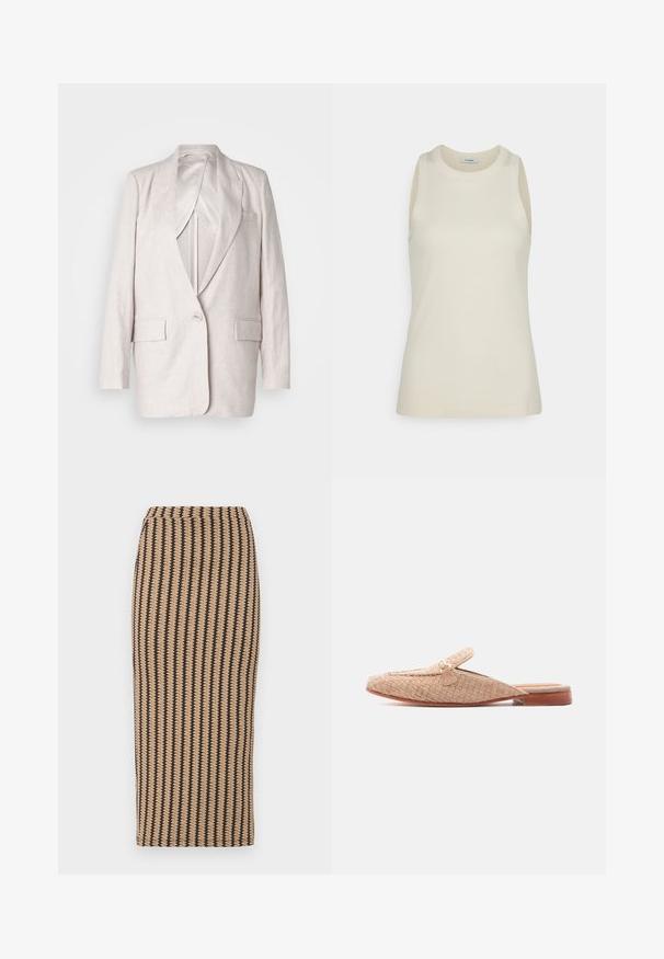 Lys beige linned blazer med skarp lapel, en enkelt knaplukning og to frontlommer; fuldt foret med en glat tekstur.; IVY OAK KLARA ANN - Top - almond milk; Strikket blyantskirt i tan med vertikale sorte striber. Mellemlangt, tætsiddende design med en glat tekstur og enkel talje. Ingen synlige lukninger.; Beige vævet slip-on mule med lavt træhæl og guldkæde-detalje over vristen, på en ensfarvet hvid baggrund.