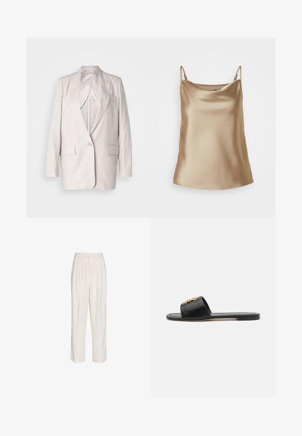 Blazer en lin beige clair avec revers crantés, fermeture à un bouton et deux poches avant ; entièrement doublé avec une texture lisse.; Camisole en satin beige clair avec de fines bretelles et un décolleté doucement drapé, présentant une texture lisse et brillante.; Pantalon blanc taille haute sur mesure avec plis, passants de ceinture et jambes droites, présenté sur un fond blanc uni.; Sandales slides en cuir noir avec un bout ouvert, une semelle plate et un accent décoratif en or sur le dessus. Texture lisse avec un design minimal.
