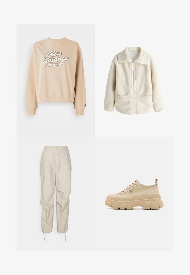 Next BORG ZIP THROUGH - Fleecejacke - ecru; Beige Sweatshirt mit geripptem Kragen und Bündchen. Mit großem "New Balance Athletics" Logo in dunkelgrau. Weiche Textur, entspannter Schnitt.; Beige Utility-Hosen mit verstellbarem Kordelzug, Knopfverschluss und schmal zulaufenden Beinabschlüssen. Hergestellt aus leichtem Material mit glatter Textur.; Beige Leinensneaker mit strukturiertem Obermaterial, dicken, klobigen Sohlen und Schnürdesign. Mit einer Zuglasche an der Ferse und einem kleinen Logodetail.
