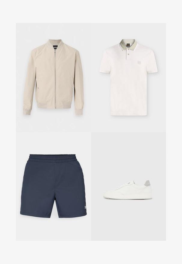 Hellbeige Bomberjacke mit Reißverschluss vorne, seitlichen Druckknopftaschen, geripptem Kragen, Bündchen und Saum. Weicher, glatter Stoff.; Weißes Poloshirt mit kurzen Ärmeln, hellgrauem Kragen, zwei Knöpfen und kleinem quadratischem Logo auf der linken Brust.; Marineblaue Badeshorts aus leichtem Material; mit einem elastischen Bund und einem kleinen Logodetail auf der unteren rechten Seite.; Weißer Sneaker mit niedrigem Schaft, grauem Fersenlaschen, weißen Schnürsenkeln und einer strukturierten Sohle, dargestellt vor einem schlichten hellen Hintergrund.