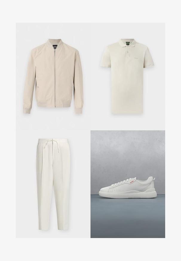 Vaalea beige bomber-takki, jossa etuvetoketju, sivutaskut painonapeilla sekä resorit kauluksessa, hihansuissa ja helmassa. Pehmeä, sileä kangas.; Vaaleanbeige puuvillainen poolopaita, jossa klassinen kaulus, lyhyet hihat, kaksinappinen nappilista ja hillitty kirjailtu logo rinnassa.; Off-white-kapeat housut, joissa joustava vyötärö, etuvoldit ja säädettävä kiristysnauha vyötäröllä.; Valkoiset sneakerit, joissa on sileä nahkapinta, pyöreä kärki, neljä silmukkaa, huomaamattomat rei'itykset ja punainen logo yksityiskohta sivussa.