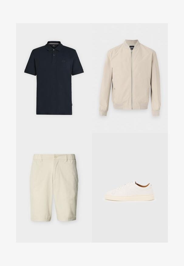 Vaalea beige bomber-takki, jossa etuvetoketju, sivutaskut painonapeilla sekä resorit kauluksessa, hihansuissa ja helmassa. Pehmeä, sileä kangas.; Mustapoolinen lyhythihainen poolopaita, jossa on kaksi etunappia ja pieni "BOSS"-logo rinnassa, esitettynä yksivärisellä vaalealla pohjalla.; Beigenväriset polvipituiset shortsit, joissa on nappikiinnitys, joustavat sivuvyötäröt, vyölenkit ja sivutaskut, yksivärisellä taustalla.; Valkoinen matalakärkinen lenkkari, jossa on nauhallinen muotoilu, minimaalinen ompeludetailit ja kermaisen värinen pohja vaaleanharmaalla taustalla.