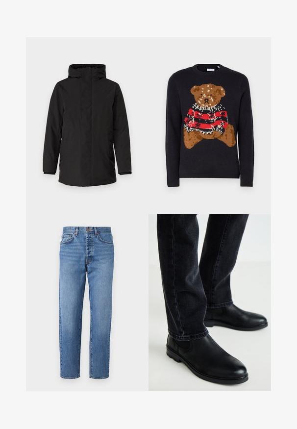 Schwarze isolierte Jacke mit hohem Kragen, durchgehendem Reißverschluss, seitlichen Taschen und langen Ärmeln. Glatte Textur mit minimaler Gestaltung.; Schwarzer Strickpullover mit einem Teddy-Bären-Motiv in Braun, der einen rot-schwarz gestreiften Pullover mit weißen Akzenten und einem runden Ausschnitt trägt.; Hellblaues Denim-Jeanspaar mit geradem Schnitt, fünf Taschen und Knopfverschluss. Überwaschene Textur mit leichtem Ausbleichen an der Vorderseite.; Schwarze Leder-Stiefeletten mit runder Zehenform und elastischen Seitenpaneelen, kombiniert mit dunklen Jeans, die eine glatte Textur und ein schlankes Design zeigen.