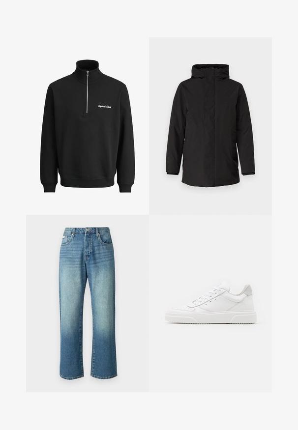 Zwarte geïsoleerde jas met een hoge kraag, volledige ritssluiting, zijzakken en lange mouwen. Glad textuur met minimale details.; Zwarte pullover met lange mouwen, halve ritssluiting bij de kraag en kleine witte geborduurde tekst op de linkerborst.; Lichtblauwe denim jeans met een rechte pijp, vijf zakken, sluiting met een knoop aan de voorkant en subtiele vervaging over de stof.; Witte leren sneakers met een gladde afwerking, ronde neus, platte veters en een gestructureerde zool. Grijze suède accent bij de hiel.