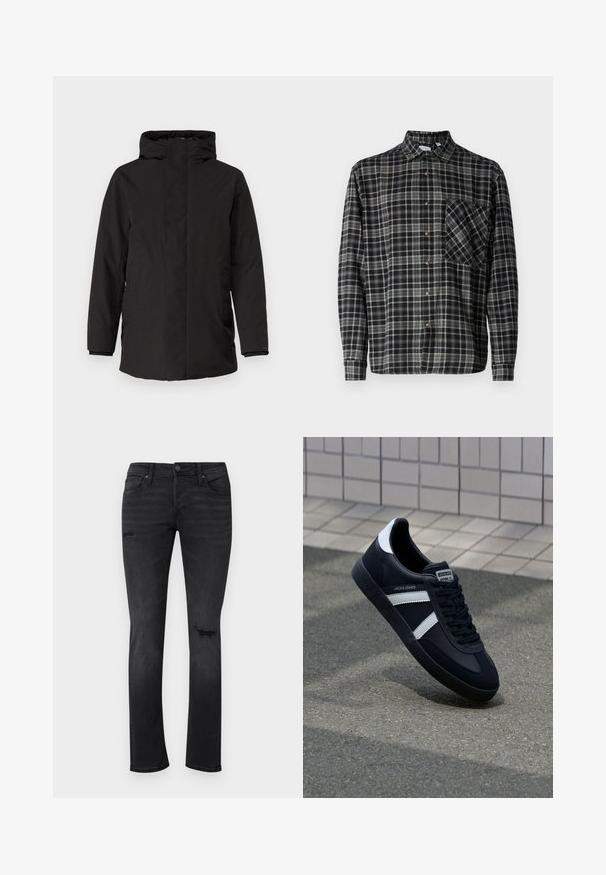 Sort isoleret jakke med høj krave, fuld lynlås, sidelommer og lange ærmer. Glat overflade med minimal detaljer.; Only & Sons Lumberjack ONSARCHER Lumberjack - Skjorter - black; Sorte denimjeans med slim fit, med synlige slidte områder ved knæene, fem lommer og en standard knap- og lynlåslukning.; Sort lædersneaker med hvide striber, tekstureret gummisål og snørrebånd foran. Har et brandet mærke på tungen.