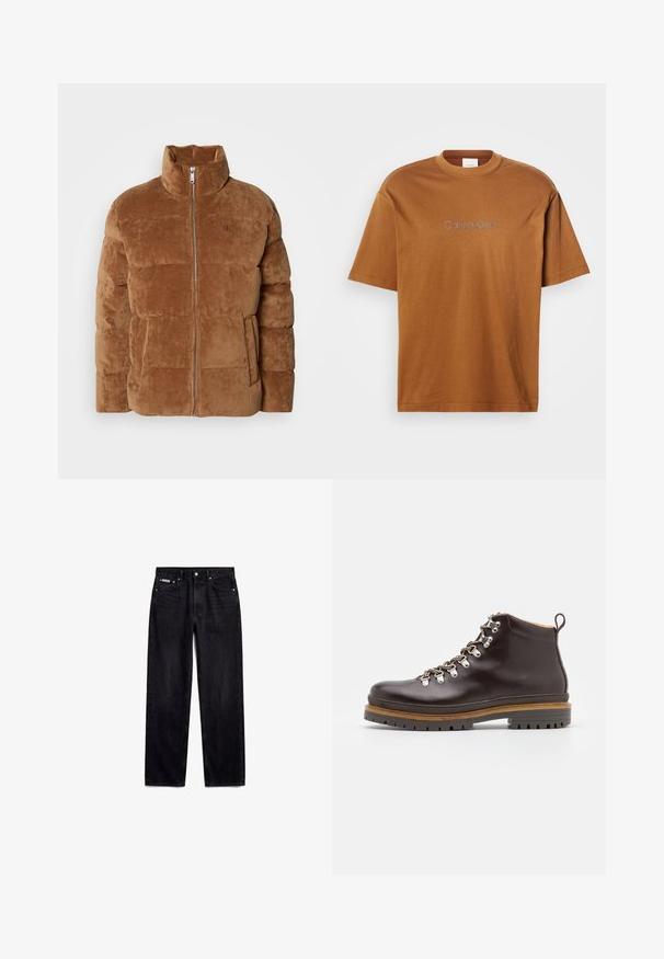 Bruine corduroy pufferjack met een hoge kraag, ritsluiting en zijzakken. Kenmerkt zich door een geborduurde ontwerp en subtiele logo-details.; Bruine katoenen t-shirt met korte mouwen en een ronde hals. Voorzien van "Calvin Klein" in lichtgrijs geborduurd op de voorkant.; Zwarte jeans met rechte pijpen, vijf zakken, metalen knoop en Calvin Klein-label op het kleine voorzakje.; Zign by Zalando LEATHER - Veterboots - brown