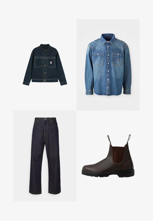 Dunkelblaue Jeansjacke mit durchgehender Knopfleiste, zwei Brusttaschen, kontrastierenden Nähten und einem kleinen rechteckigen Logo-Patch auf der linken Tasche.; Jeanshemd in Mittelblau, mit spitzem Kragen, zwei Brusttaschen und silbernen Knöpfen. Lange Ärmel mit Knopfmanschetten.; Dunkelblaue Jeans im geraden Schnitt mit gelben Nähten, Knopfverschluss, Reißverschluss und Fünf-Taschen-Design.; Brauner Chelsea-Stiefel aus Leder mit elastischem Seiteneinsatz, brauner Naht, Zuglaschen und einer strapazierfähigen Gummisohle mit strukturiertem Muster.
