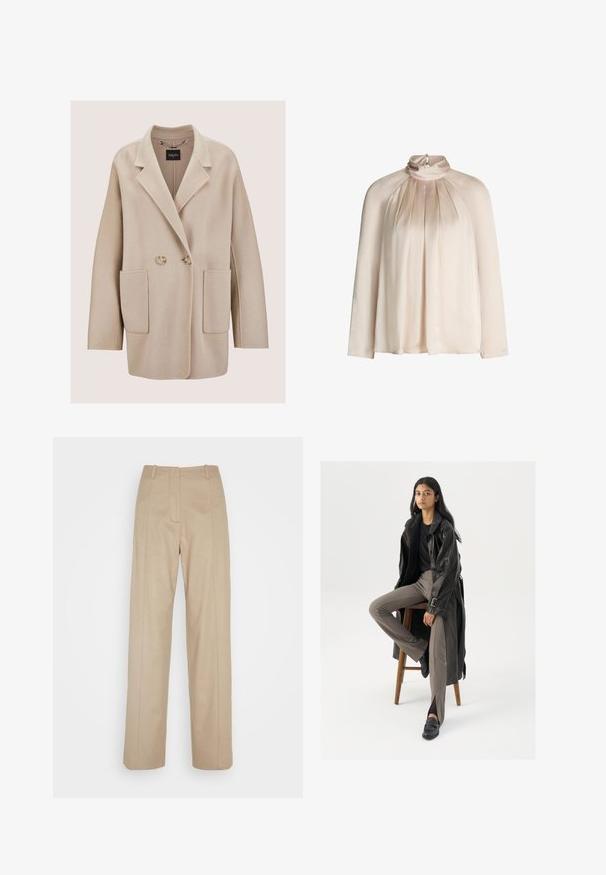 Beige dubbelgeknoopte wollen jas met brede revers, twee voorzakken met kleppen en knoopsluiting, getoond op een neutrale achtergrond.; Beige satijnen blouse met hoge nek en lange mouwen, met een geplooide voorkant en een kleine sleutelgatknopen sluiting aan de achterkant van de hals.; Calvin Klein TAILORED STRAIGHT PANT - Broek - cinder; Zwarte leren trenchcoat met knopen en riemdetails, gecombineerd met lichtbruine getailleerde broek en zwarte loafers, zittend op een houten kruk.